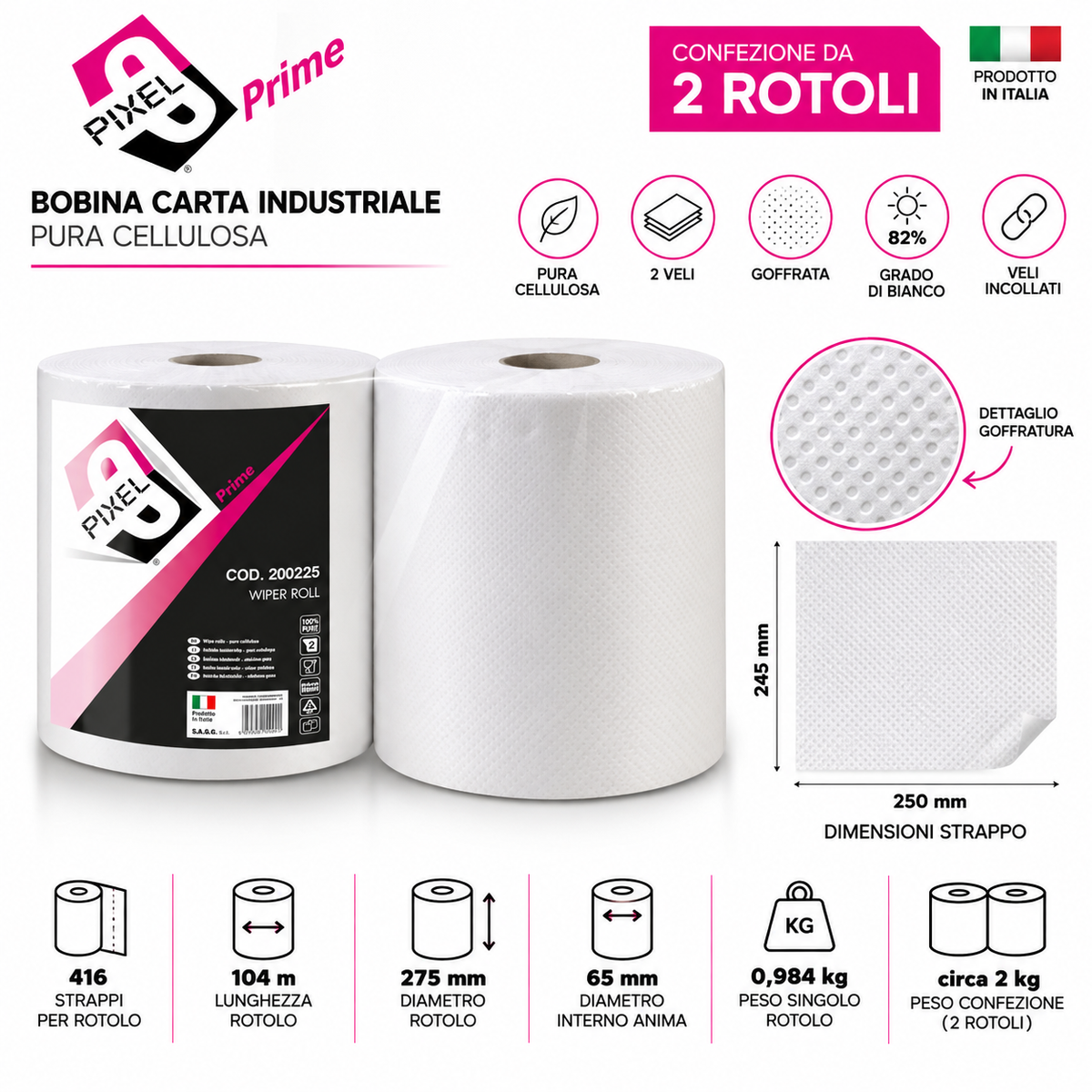 Bobina Carta Industriale PIXEL PRIME – Pura Cellulosa 2 Veli – Confezione 2 Rotoli