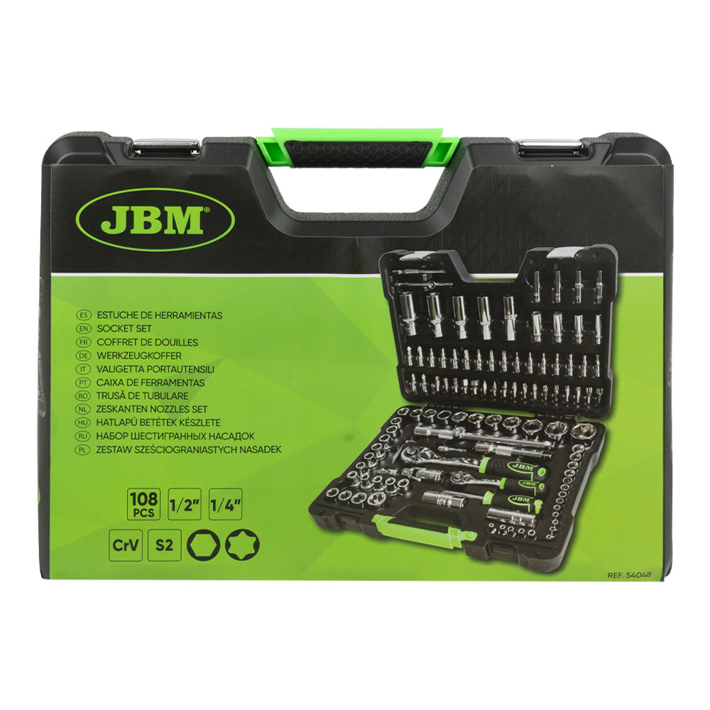 JBM SET DI UTENSILI DA 108 PEZZI CON BUSSOLE ESAGONALI DA 1/4" E 1/2" – FINITURA CROMATA 54048