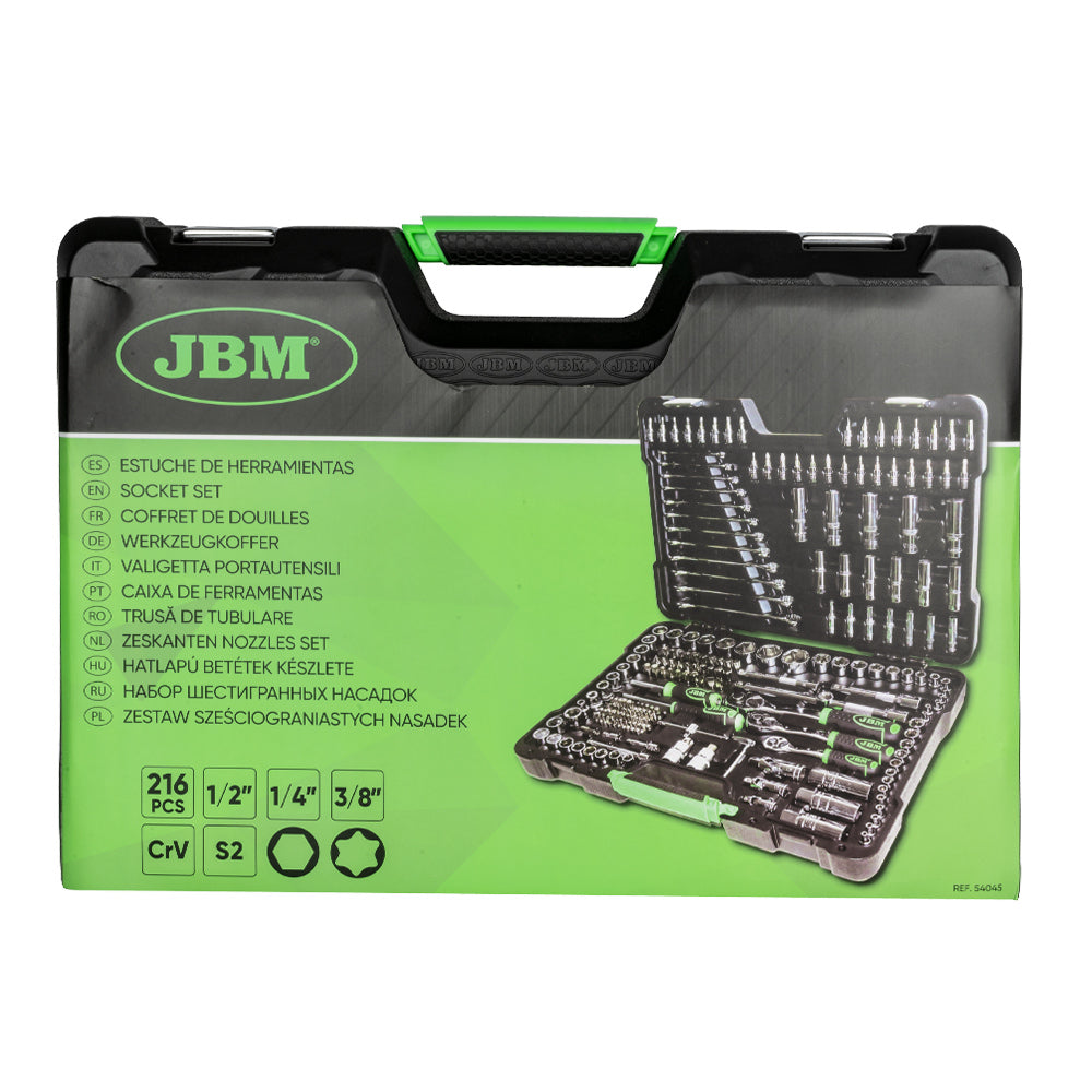 JBM SET DI UTENSILI DA 216 PEZZI CON BUSSOLE ESAGONALI DA 1/4", 3/8" E 1/2" – FINITURA CROMATA 54045
