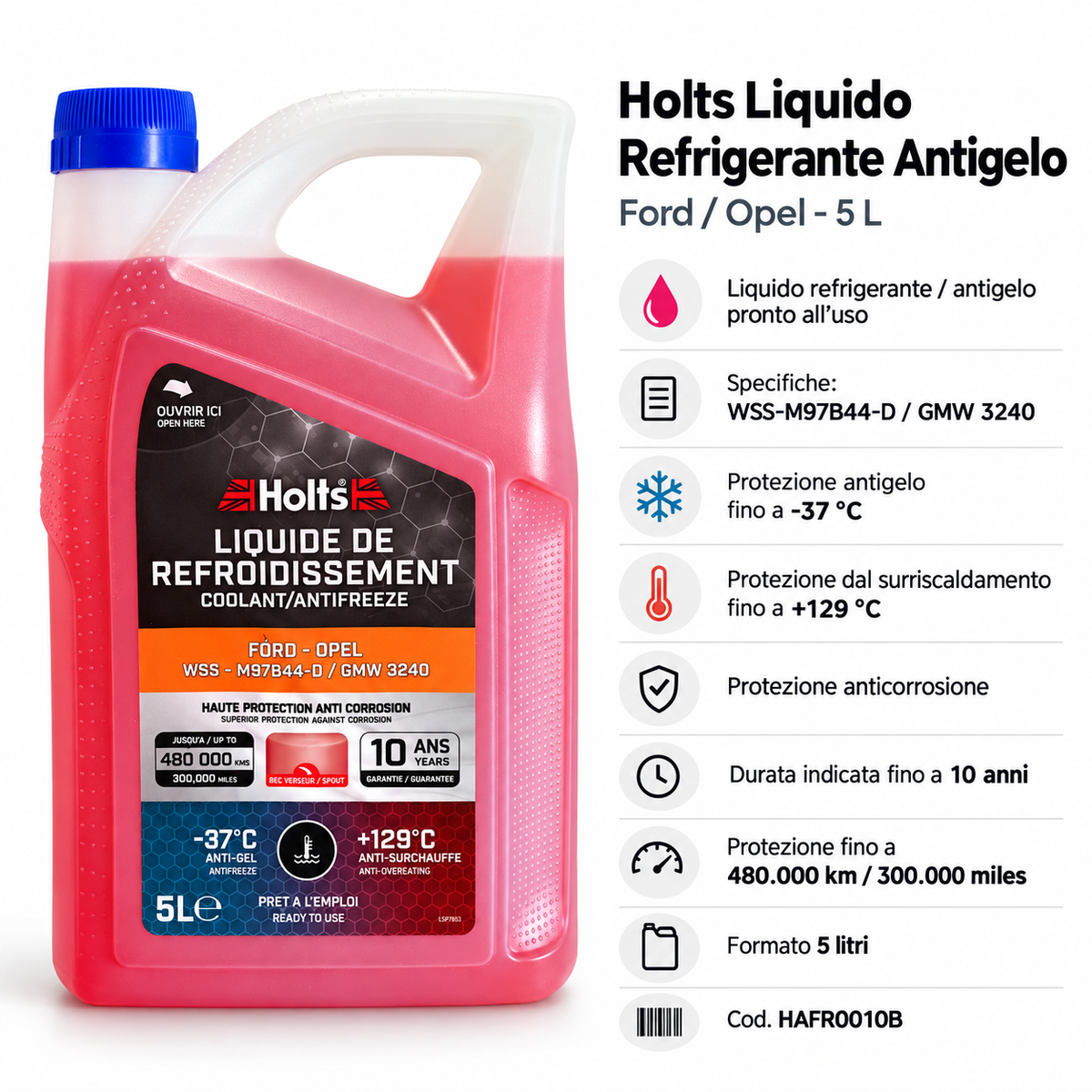 Holts Liquido Refrigerante Antigelo Ford Opel 5 L – Pronto all’Uso -37°C / +129°C – HAFR0010B