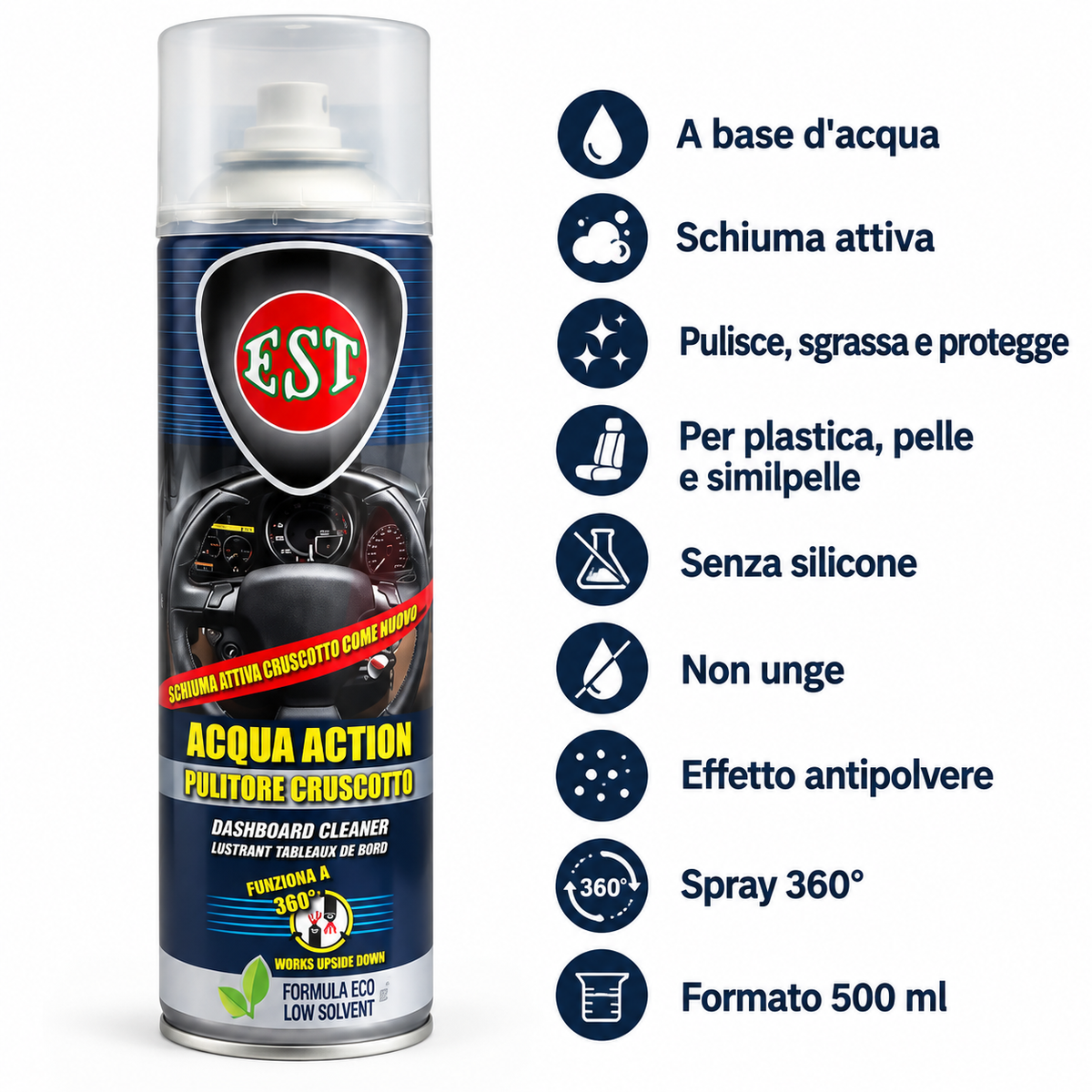 EST Acqua Action Pulitore Cruscotto 500 ml – Schiuma Attiva Protettiva – Confezione 6 Pezzi – Cod. 0975