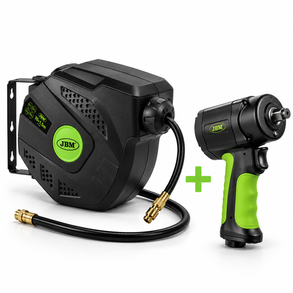 JBM SUPER PROMO AVVOLGITUBO ARIA DA 10+1,5M + AVVITATORE PNEUMATICO MINI 1/2" 1200 NM
