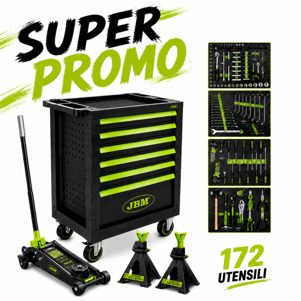 SUPER PROMO JBM - CARRELLO PORTAUTENSILI VERDE CON 172 UTENSILI + MARTINETTO IDRAULICO 3,5 T + SET DI CAVALETTI 3 T - Techservice