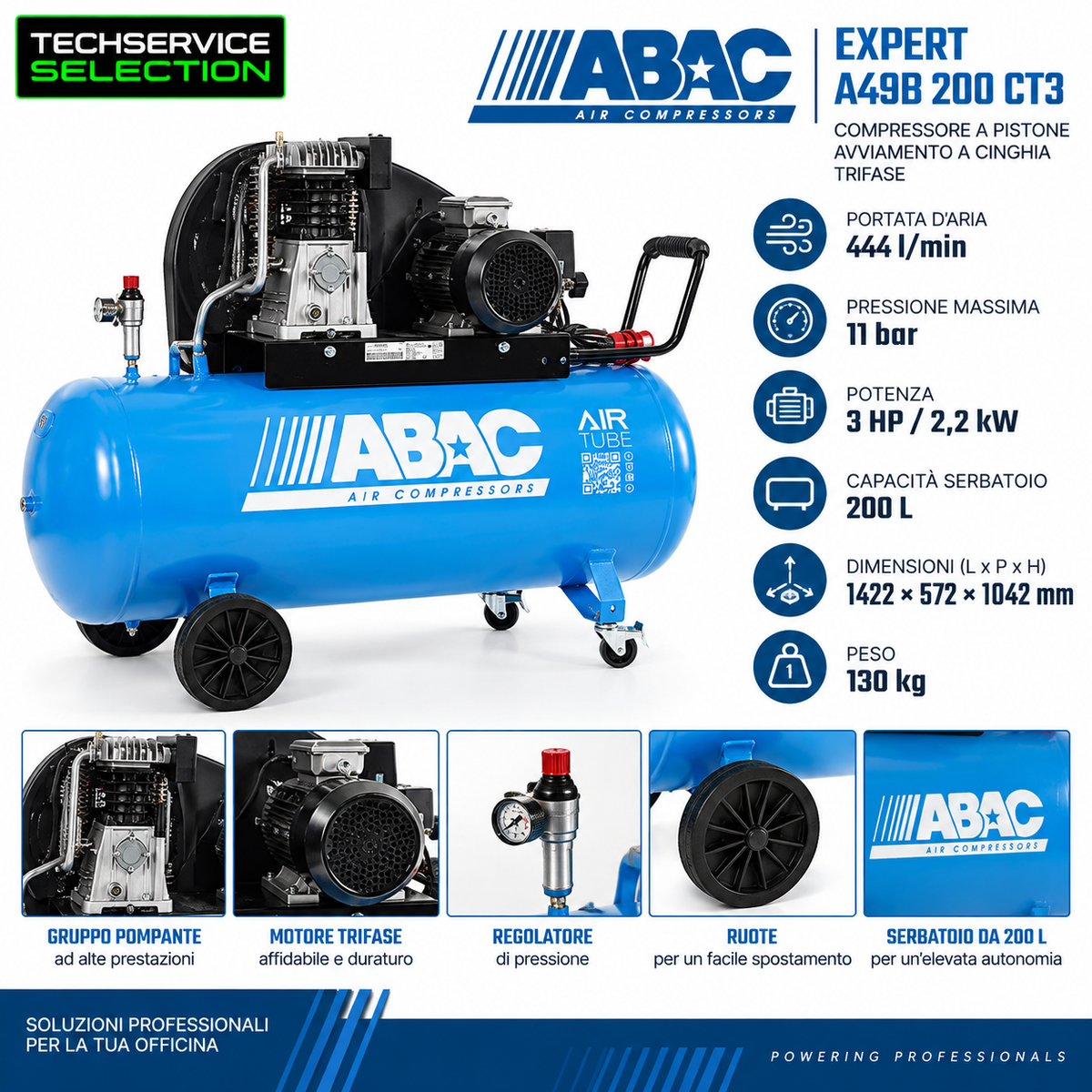 ABAC Expert A49B CT3 – Compressore a Pistone 200 L, Avviamento a Cinghia, Trifase, 3 HP, 11 Bar