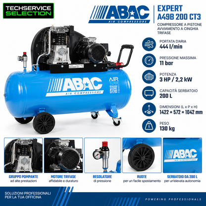 ABAC Expert A49B CT3 – Compressore a Pistone 200 L, Avviamento a Cinghia, Trifase, 3 HP, 11 Bar