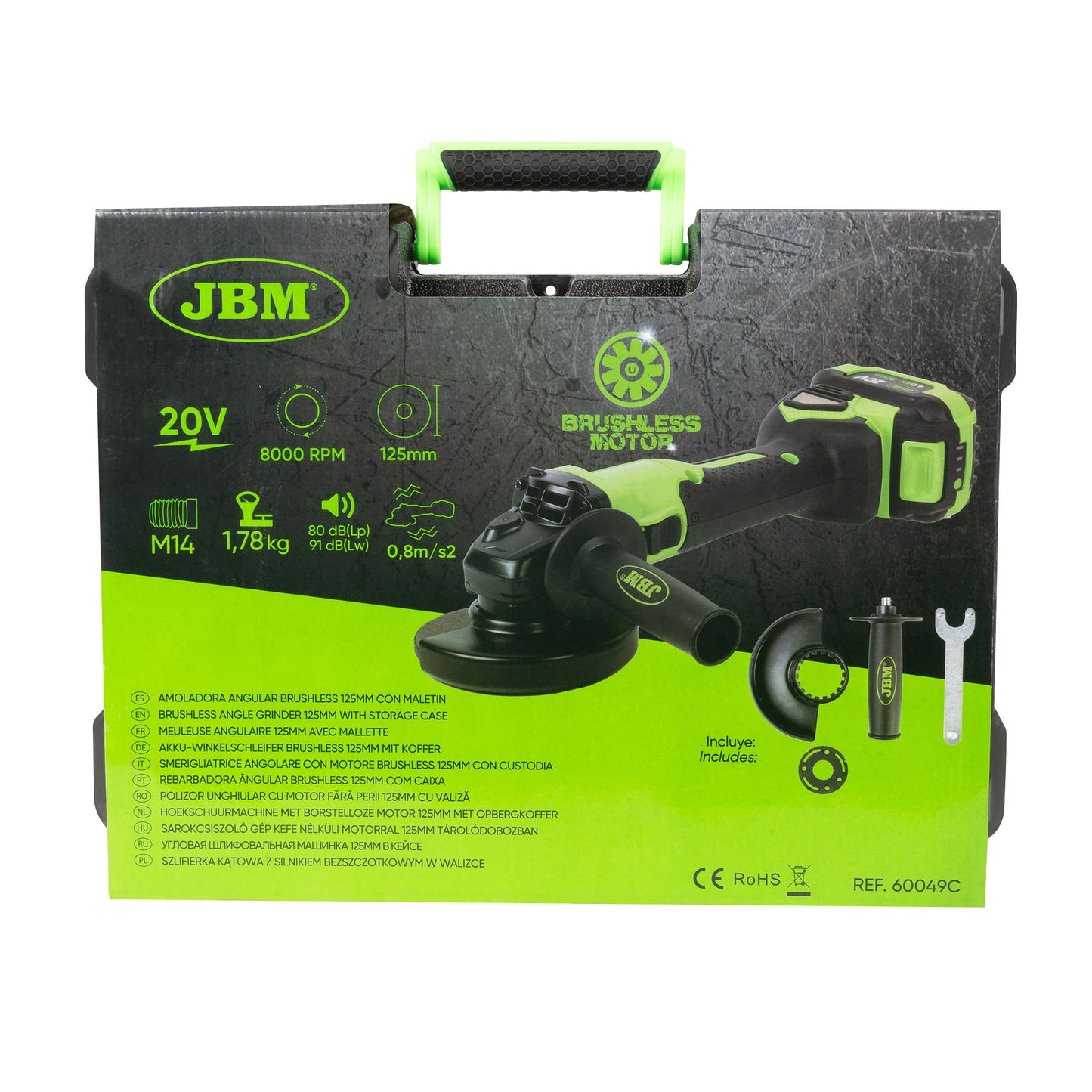 JBM SMERIGLIATRICE ANGOLARE 125MM BRUSHLESS A BATTERIA CON CUSTODIA 60049C