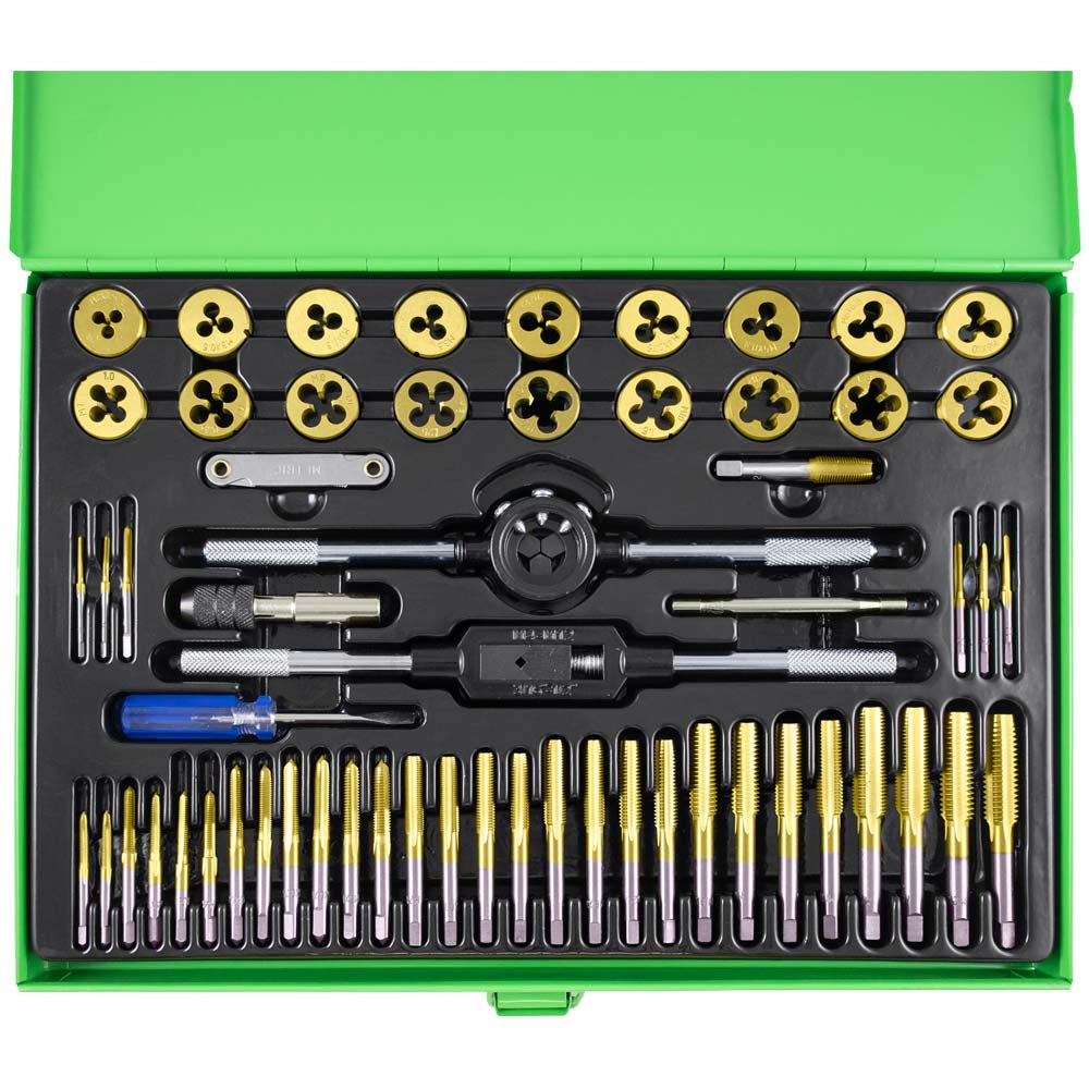 PROMO JBM - SET DI 58 PIEZZI DI MASCHI E FILIERE RIVESTITI IN TITANIO PASSO METRICO + SET DI PUNTE AD ELICA HSS 4341, 1-10 MM