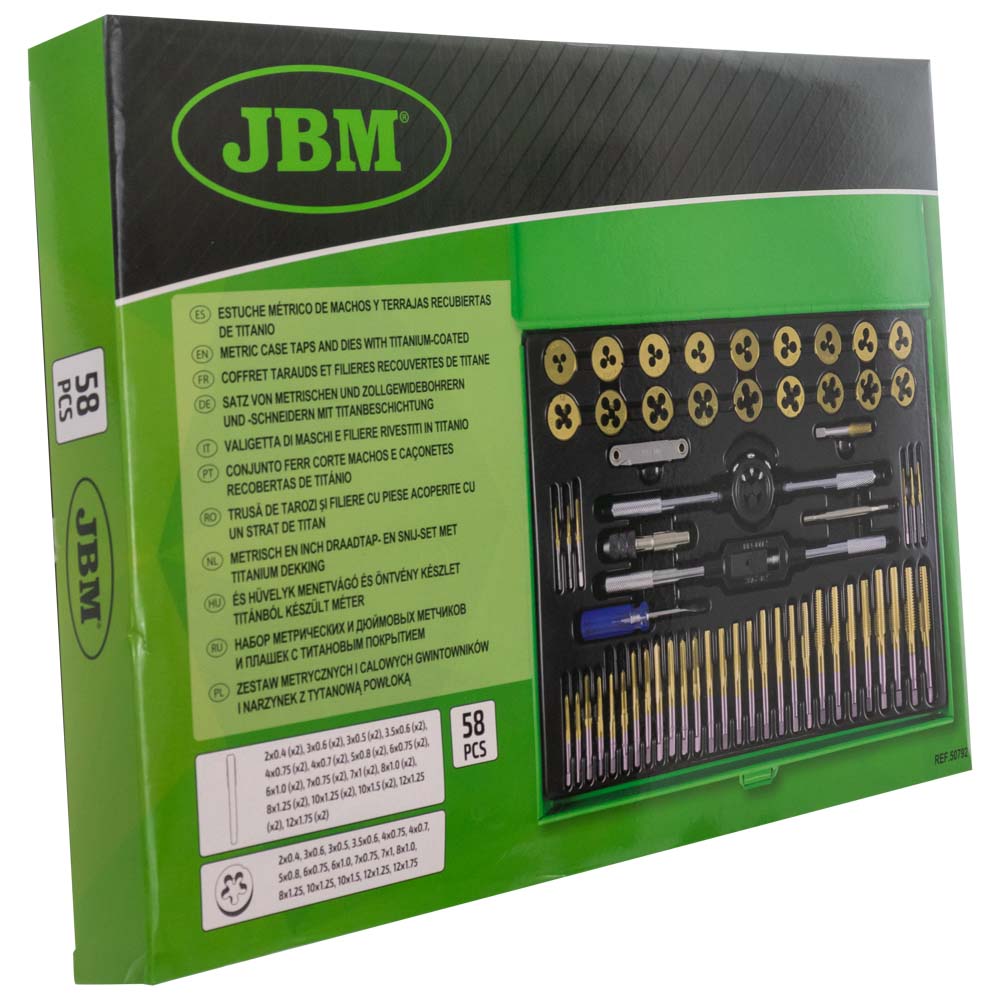50792 SET DI 58 PIEZZI DI MASCHI E FILIERE RIVESTITI IN TITANIO PASSO METRICO - JBM - Techservice