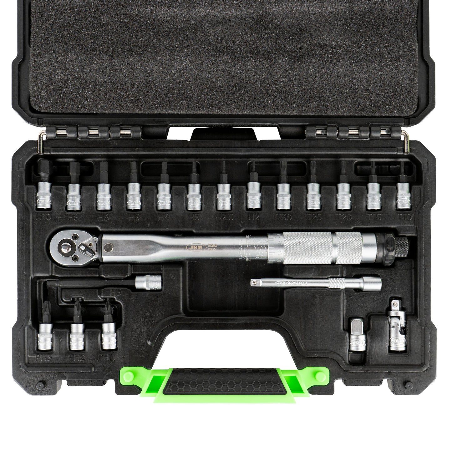 JBM SET DA 21 PUNTE E ADATTATORI 1/4" CON CHIAVE DINAMOMETRICA 54269