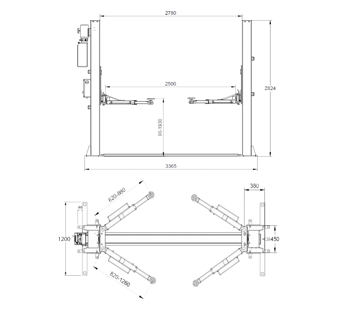 REDATS - Ponte sollevatore automatico a 2 colonne 4T L-220R con base di rinforzo