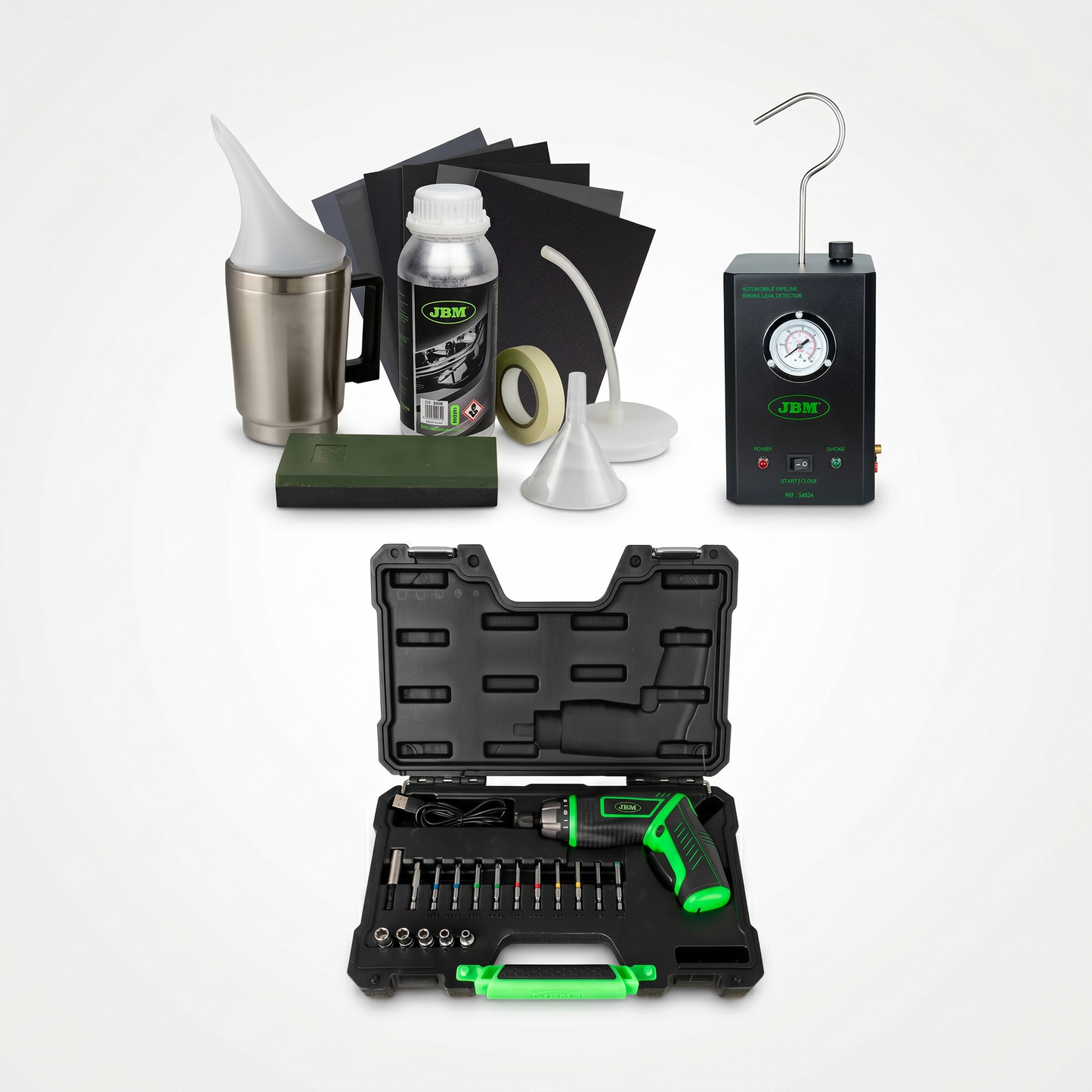 PROMO JBM - KIT DI RESTAURO FARI + RILEVATORE DI PERDITE +  AVVITATORE A BATTERIA