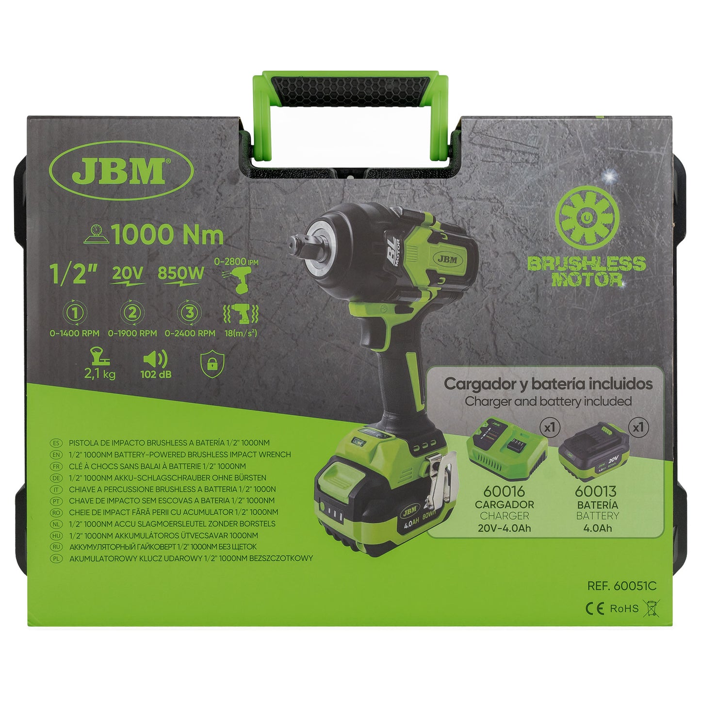 JBM AVVITATORE PNEUMATICO BRUSHLESS A BATTERIA 1/2" 1000NM CON VALIGETTA 60051C