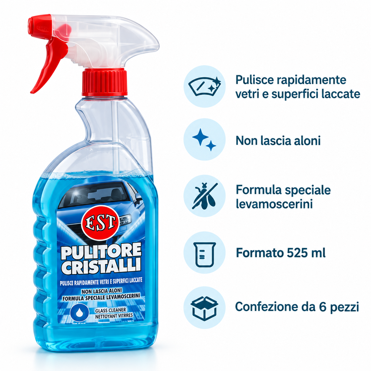 EST Pulitore Cristalli 525 ml – Vetri e Superfici Laccate – Confezione 6 Pezzi – Cod. 0942