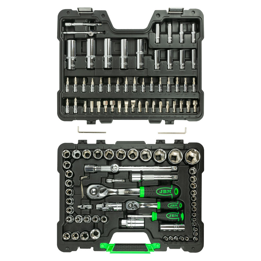 JBM SET DI UTENSILI DA 108 PEZZI CON BUSSOLE ESAGONALI DA 1/4" E 1/2" – FINITURA CROMATA 54048