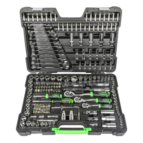 JBM SET DI UTENSILI DA 216 PEZZI CON BUSSOLE ESAGONALI DA 1/4", 3/8" E 1/2" – FINITURA CROMATA 54045