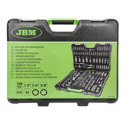 JBM SET DI UTENSILI DA 179 PEZZI CON BUSSOLE ESAGONALI DA 1/4", 3/8" E 1/2" – FINITURA CROMATA 54046