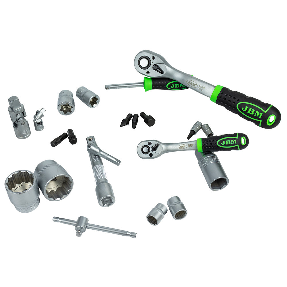 JBM SET DI UTENSILI DA 108 PEZZI CON BUSSOLE ESAGONALI DA 1/4" E 1/2" – FINITURA CROMATA 54048
