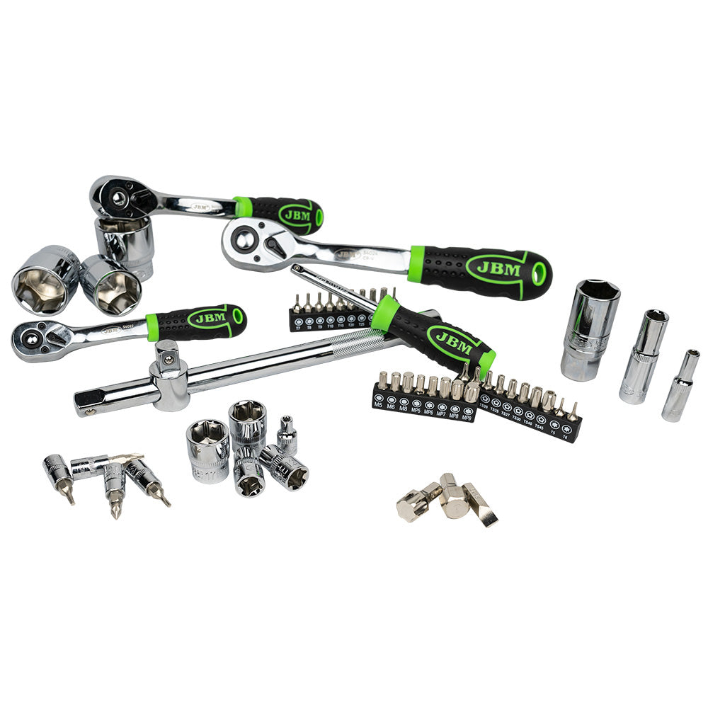 JBM SET DI UTENSILI DA 179 PEZZI CON BUSSOLE ESAGONALI DA 1/4", 3/8" E 1/2" – FINITURA CROMATA 54046
