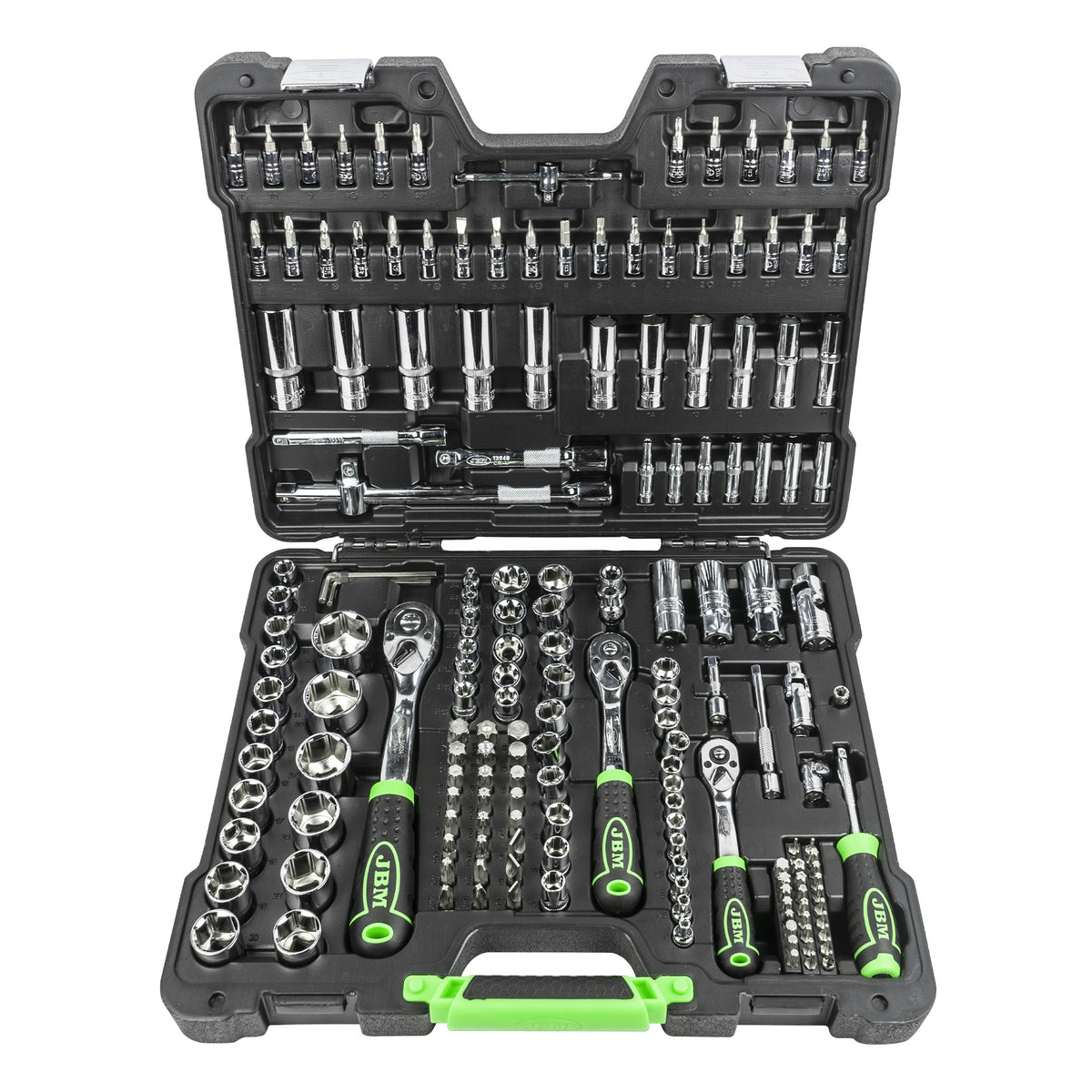 JBM SET DI UTENSILI DA 179 PEZZI CON BUSSOLE ESAGONALI DA 1/4", 3/8" E 1/2" – FINITURA CROMATA 54046