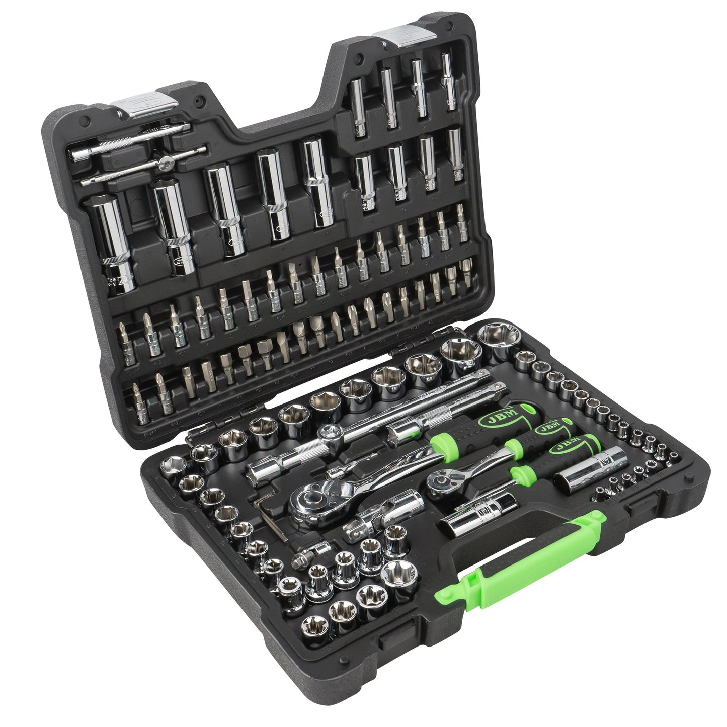 JBM SET DI UTENSILI DA 108 PEZZI CON BUSSOLE ESAGONALI DA 1/4" E 1/2" – FINITURA CROMATA 54048
