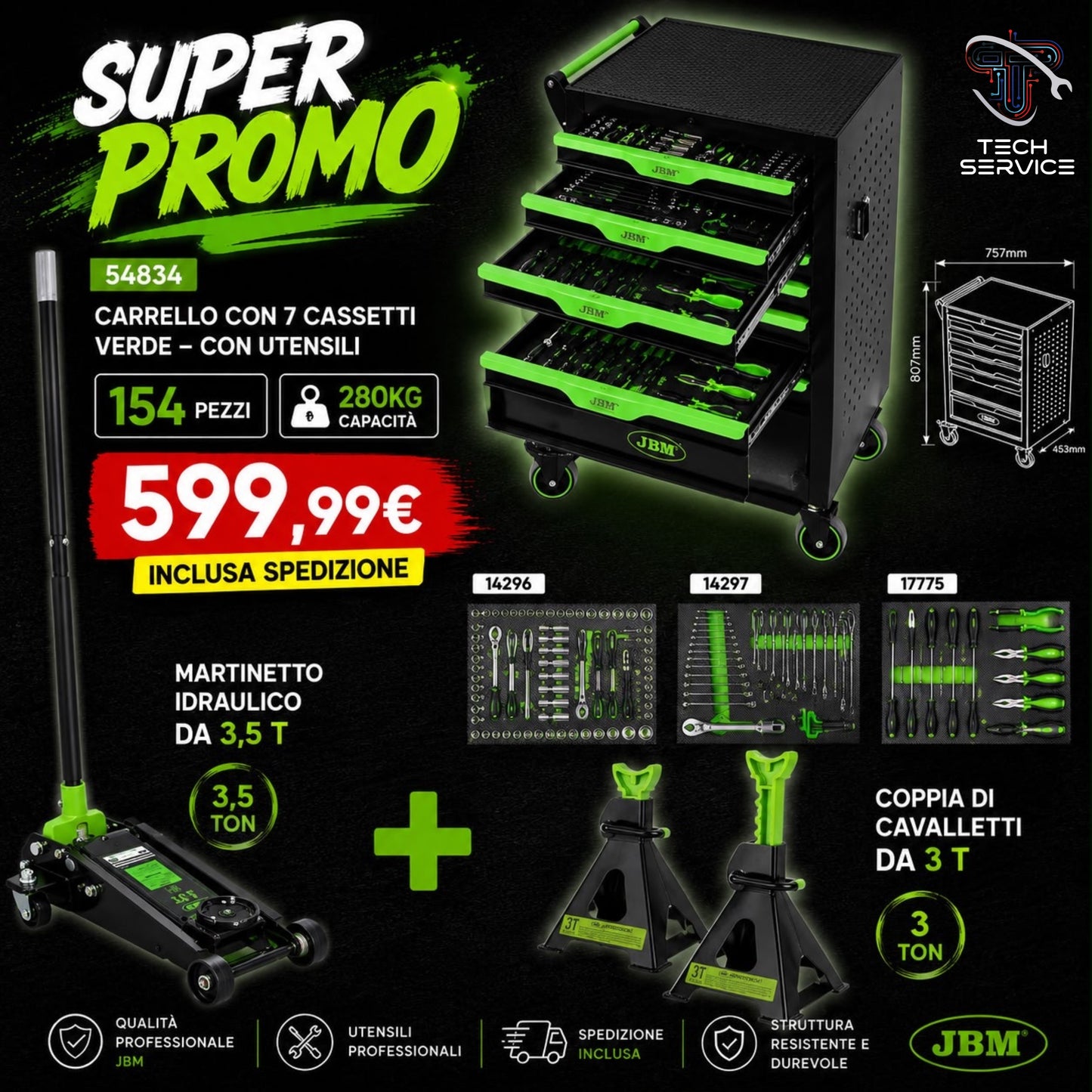 🔥 SUPER PROMO JBM - CARRELLO A 7 CASSETTI CON 154 UTENSILI + MARTINETTO IDRAULICO 3,5 T + COPPIA DI CAVALLETTI 3 T