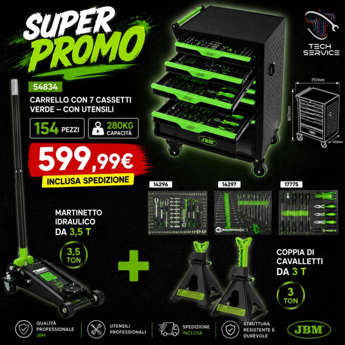 🔥 SUPER PROMO JBM - CARRELLO A 7 CASSETTI CON 154 UTENSILI + MARTINETTO IDRAULICO 3,5 T + COPPIA DI CAVALLETTI 3 T