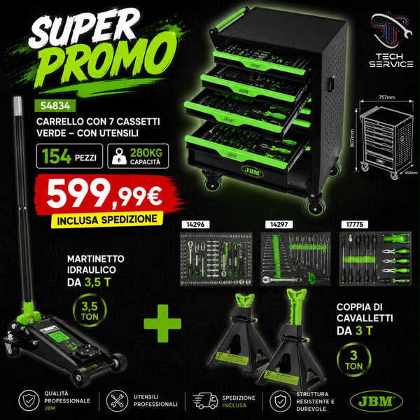 🔥 SUPER PROMO JBM - CARRELLO A 7 CASSETTI CON 154 UTENSILI + MARTINETTO IDRAULICO 3,5 T + COPPIA DI CAVALLETTI 3 T