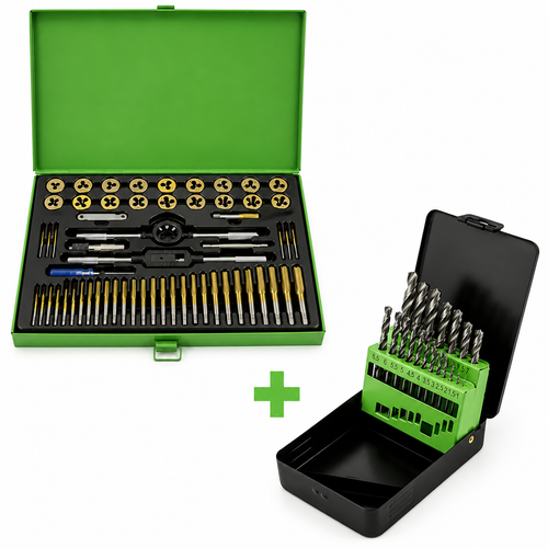 PROMO JBM - SET DI 58 PIEZZI DI MASCHI E FILIERE RIVESTITI IN TITANIO PASSO METRICO + SET DI PUNTE AD ELICA HSS 4341, 1-10 MM