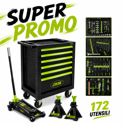 SUPER PROMO JBM - CARRELLO PORTAUTENSILI VERDE CON 172 UTENSILI + MARTINETTO IDRAULICO 3,5 T + SET DI CAVALETTI 3 T