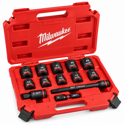 Milwaukee Set di Bussole a Macchina 1/2” 13 Pezzi - Corte con Prolunga e Snodo Universale