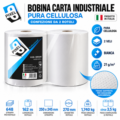 Bobina Carta Industriale PIXEL Professional – Pura Cellulosa 2 Veli – Confezione da 2 Rotoli