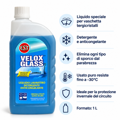 EST Velox Glass Liquido Lavavetro Anticongelante 1 L – Fino a -30°C – Confezione 6 Pezzi – Cod. 0933