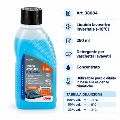 LAMPA Liquido Lavavetro Invernale Concentrato -16 °C 250 ml – Confezione da 12 Pezzi – Art. 38084