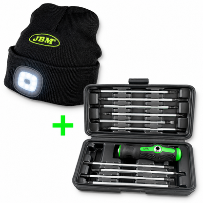 JBM Set cacciaviti 20 in 1 con punte reversibili + cappello LED ricaricabile 120 lm