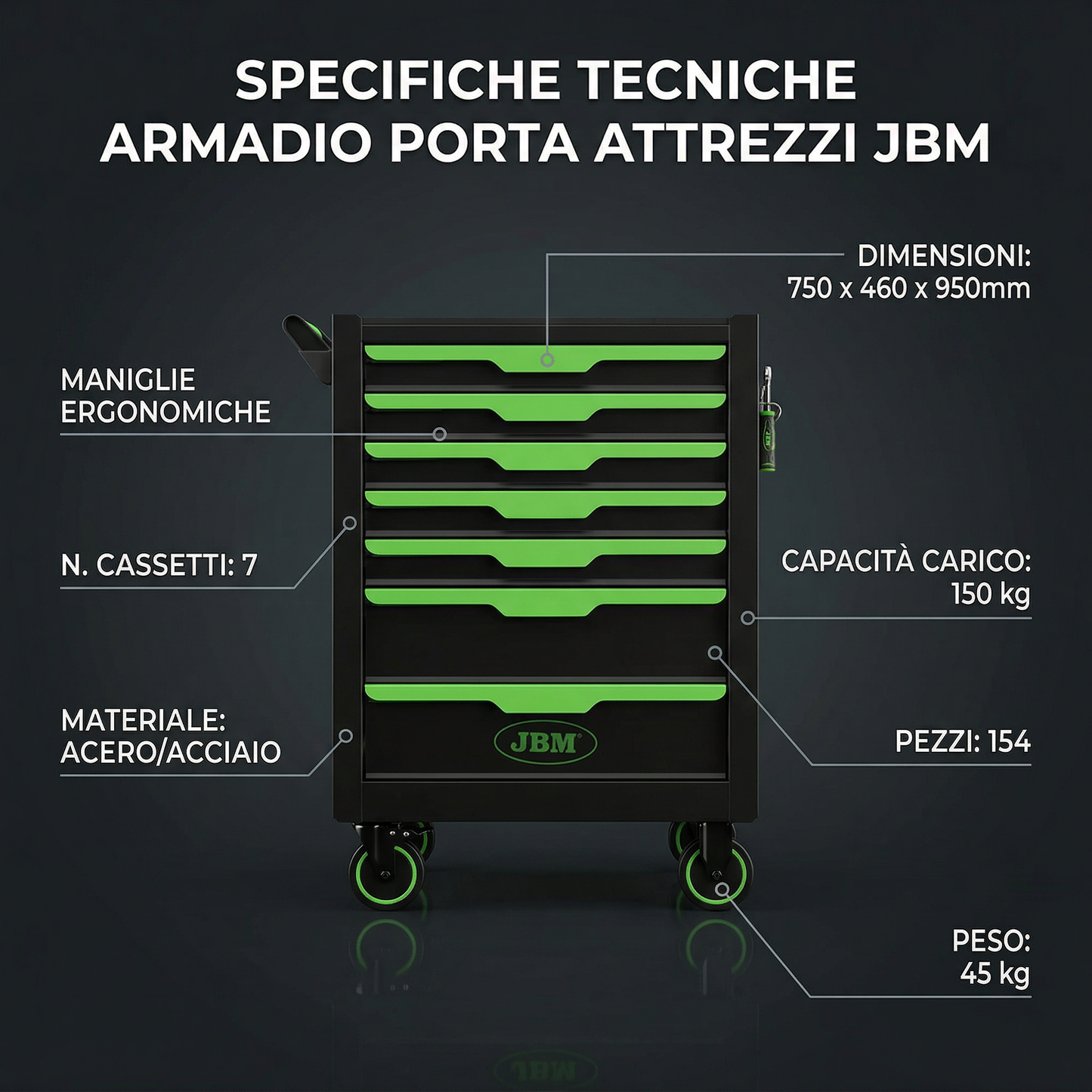 JBM CARRELLO CON 7 CASSETTI VERDE - CON UTENSILI 54834