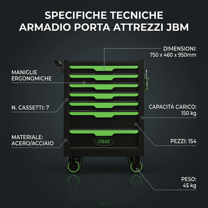 JBM CARRELLO CON 7 CASSETTI VERDE - CON UTENSILI 54834