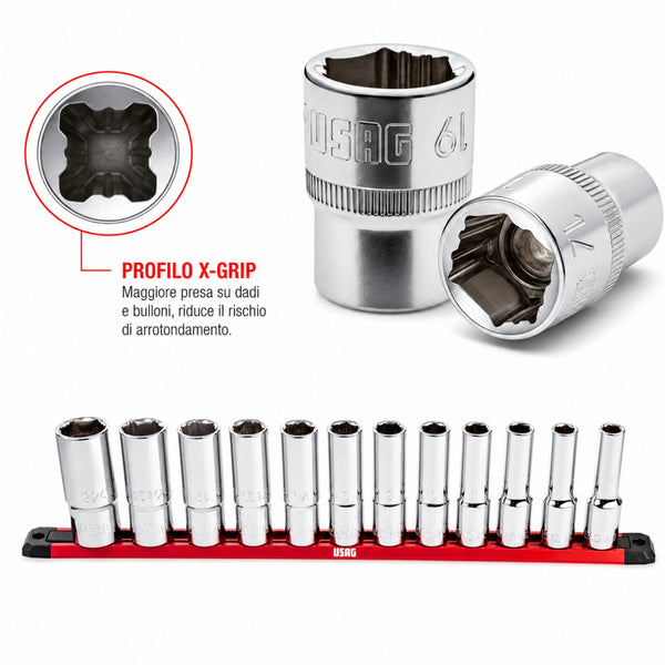 USAG - SERIE DI 12 CHIAVI A BUSSOLA CON BOCCA ESAGONALE SPECIALE X-GRIP | 235 1/2" XL/SE12