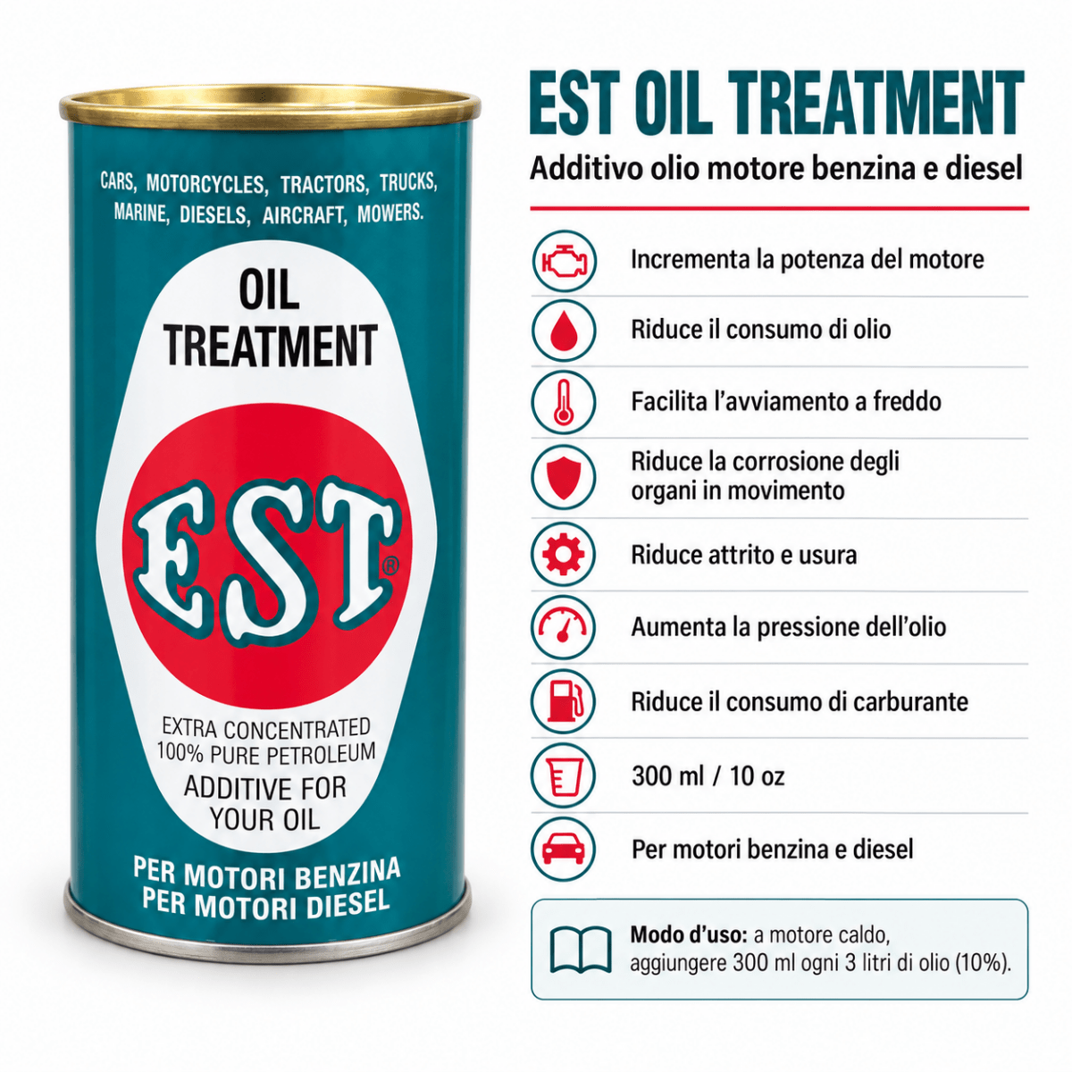 EST Oil Treatment Special Formula 300 ml – Additivo Olio Motore Benzina e Diesel – Confezione 6 Pezzi – Cod. 0601 - Techservice