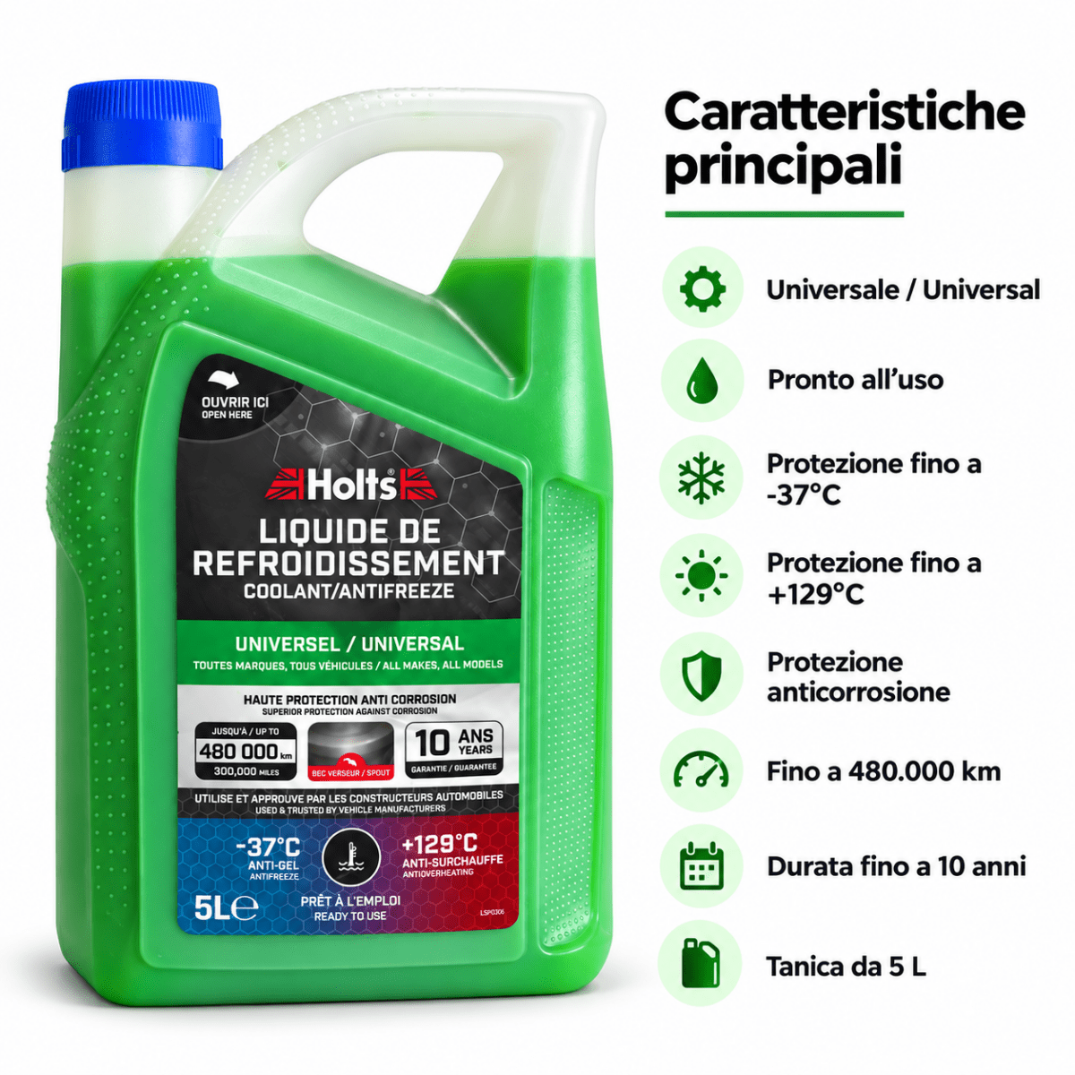 Holts Liquido Refrigerante Universale Verde 5 L – Pronto all’Uso -37°C / +129°C – HAFR0011B - Techservice