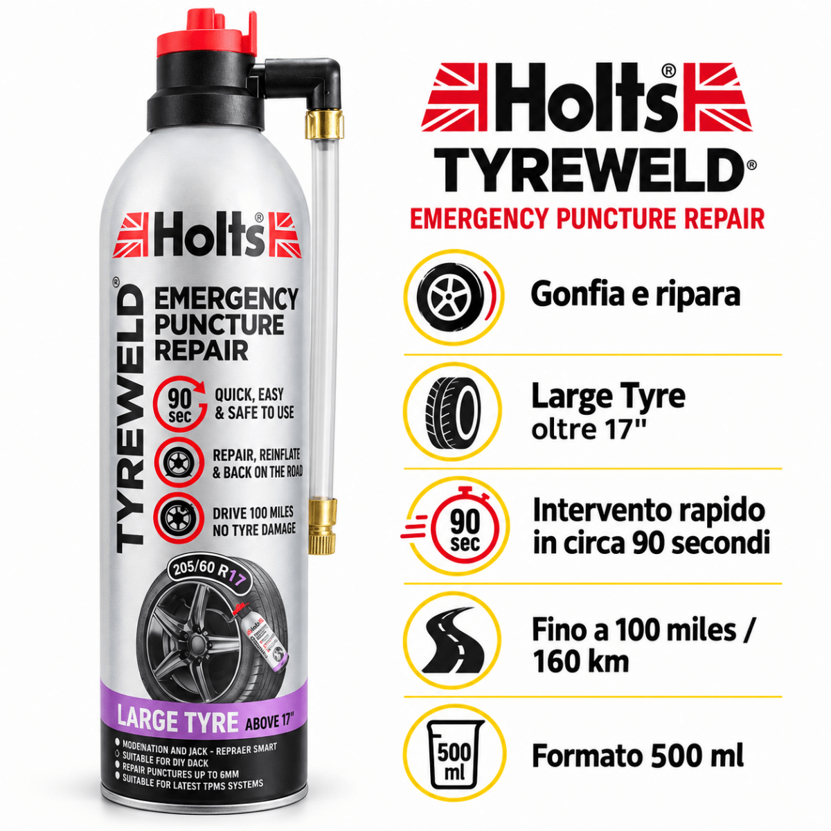 Holts Tyreweld Gonfia e Ripara Pneumatici 500 ml – Large Tyre oltre 17” – Confezione 2 o 4 Pezzi – HREP0055A - Techservice