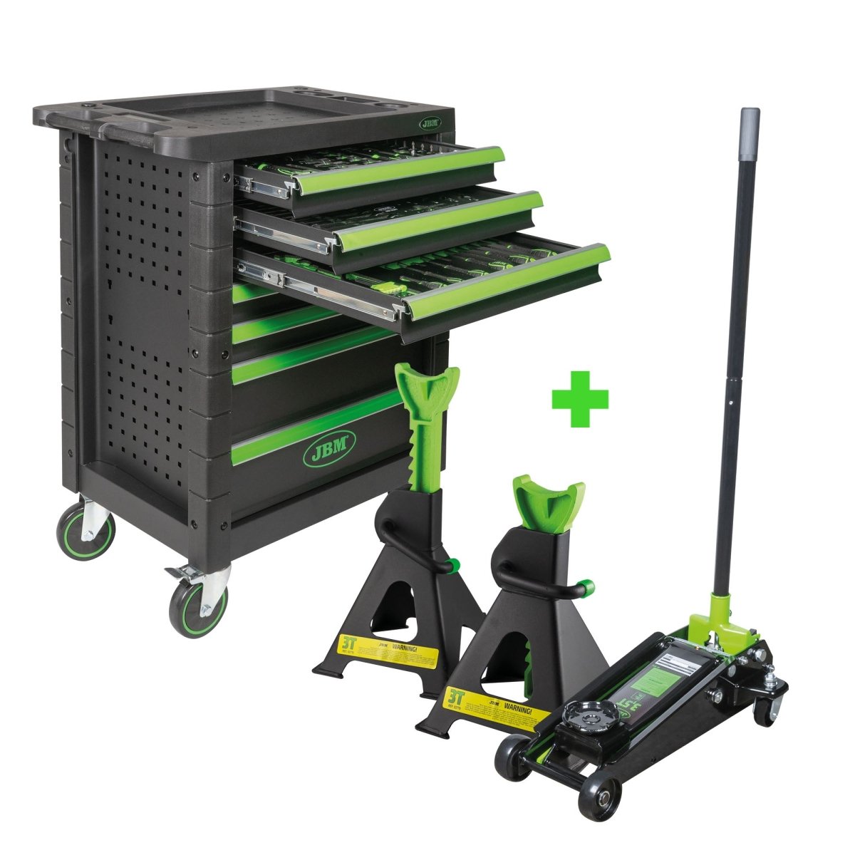 JBM CARRELLO A 7 CASSETTI ASSORTITO + MARTINETTO IDRAULICO A CARRELLO 3,5T + SET DI 2 CAVALLETTI DA 3 TONNELLATE SERIE 418 - Techservice