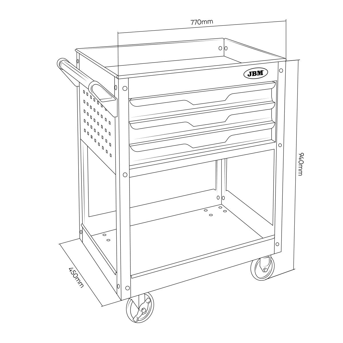 JBM CARRELLO CON 3 CASSETTI, 1 VASSOIO E GRIGLIE LATERALI 54839 - Techservice