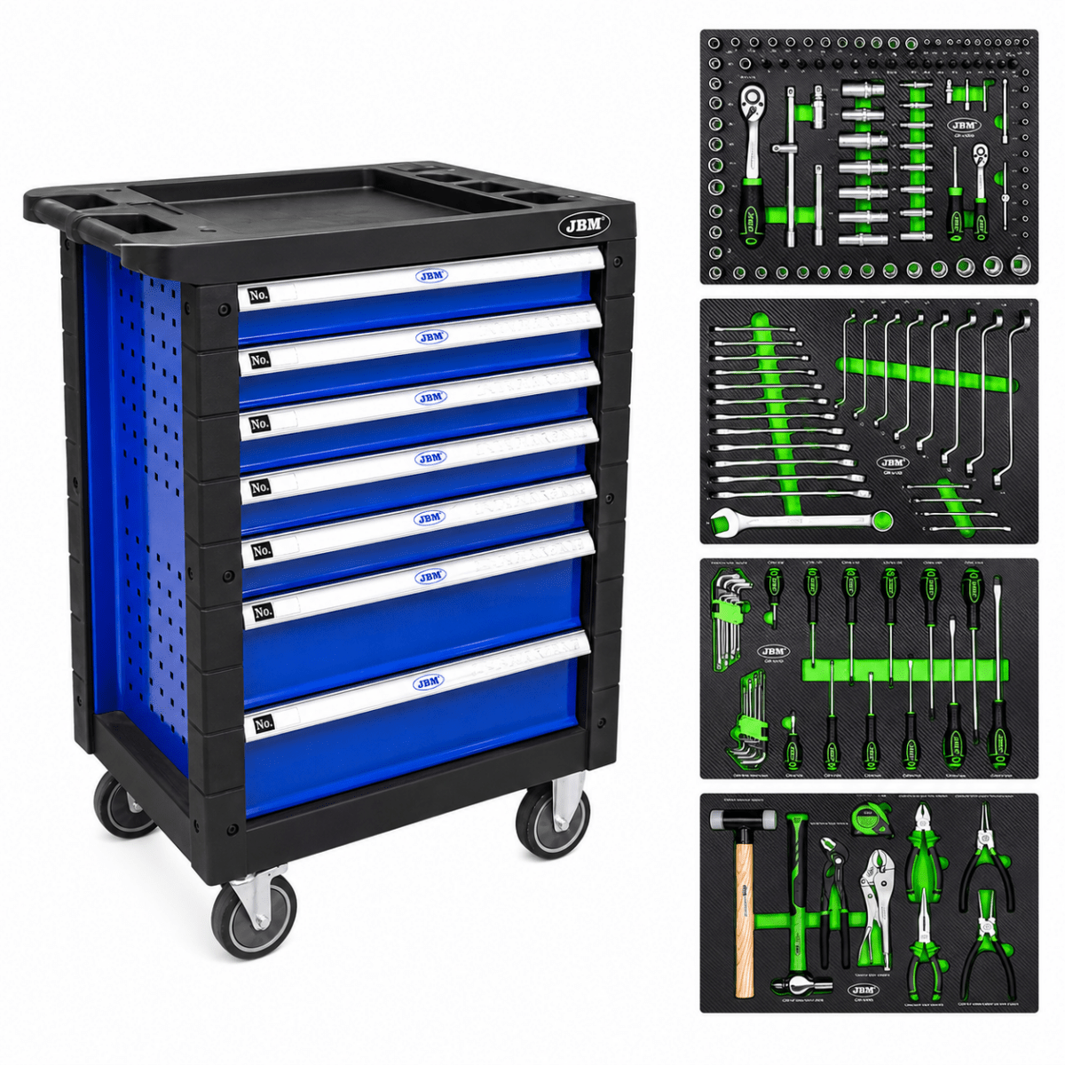 JBM CARRELLO PORTA ATTREZZI A 7 CASSETTI BLU - ALLESTITO CON 172 UTENSILI - Techservice