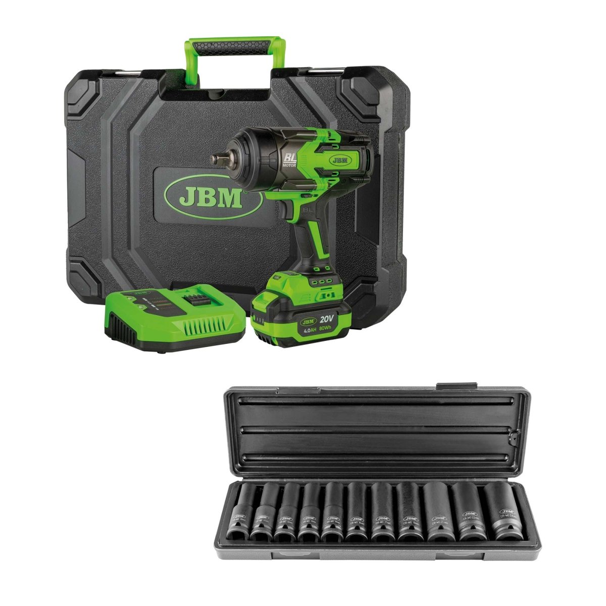 JBM PROMO CHIAVE A IMPATTO BRUSHLESS 1/2" 1300NM + SET DI 11 BUSSOLE PNEUMATICHE 1/2" ESAGONALI - Techservice
