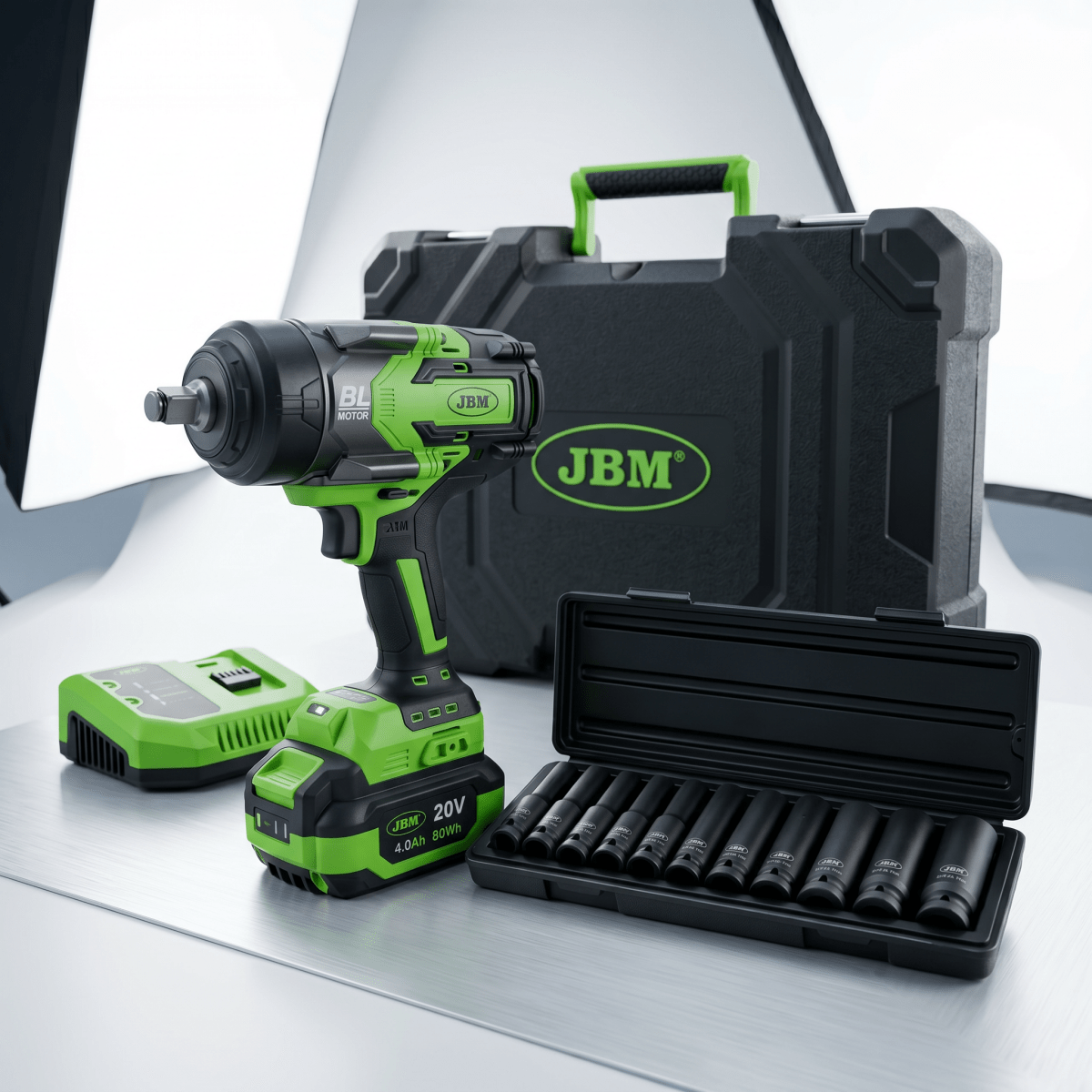 JBM PROMO CHIAVE A IMPATTO BRUSHLESS 1/2" 1300NM + SET DI 11 BUSSOLE PNEUMATICHE 1/2" ESAGONALI - Techservice