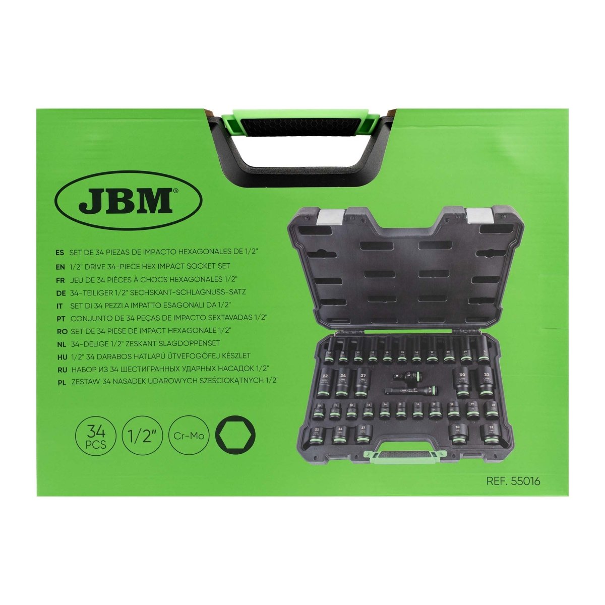 JBM SET 34 PEZZI BUSSOLE ESAGONALI 1/2” CORTE E LUNGHE + ADATTATORI - 55016 - Techservice