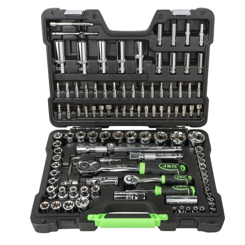 JBM SET DI UTENSILI DA 108 PEZZI CON BUSSOLE ESAGONALI DA 1/4" E 1/2" – FINITURA CROMATA 54048