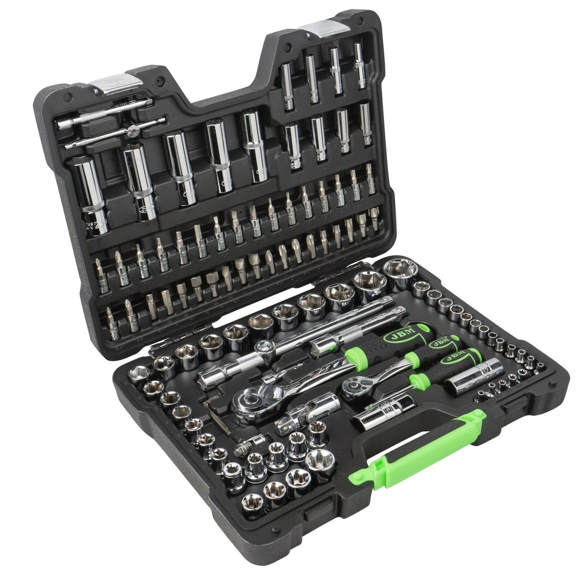 JBM SET DI UTENSILI DA 108 PEZZI CON BUSSOLE ESAGONALI DA 1/4" E 1/2" – FINITURA CROMATA 54048 - Techservice