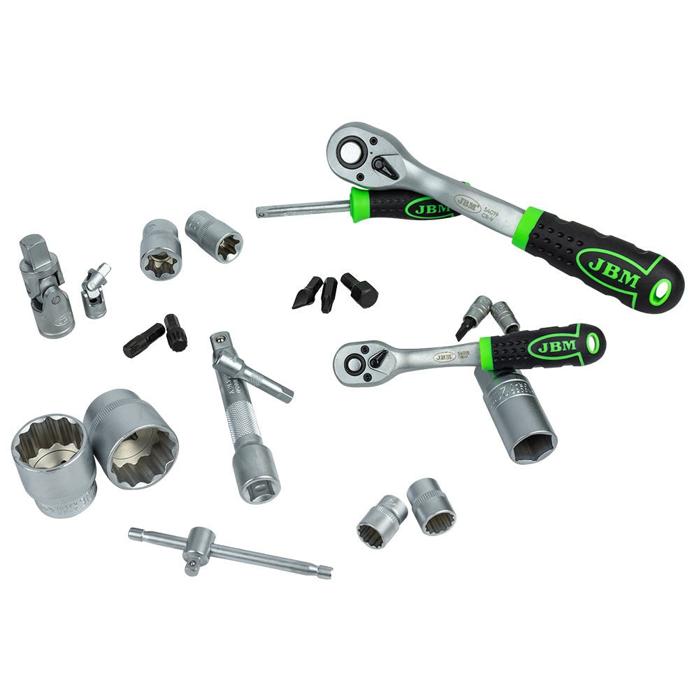 JBM SET DI UTENSILI DA 108 PEZZI CON BUSSOLE ESAGONALI DA 1/4" E 1/2" – FINITURA CROMATA 54048 - Techservice