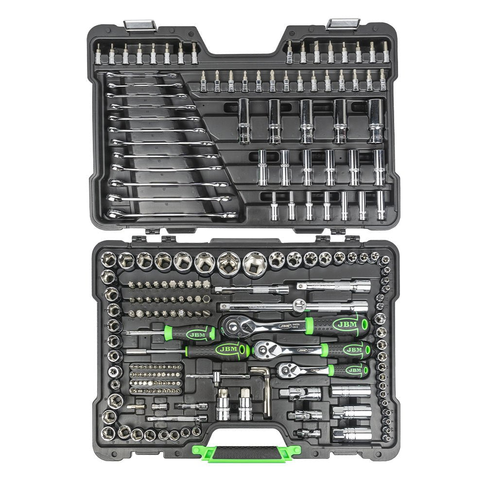 JBM SET DI UTENSILI DA 216 PEZZI CON BUSSOLE ESAGONALI DA 1/4", 3/8" E 1/2" – FINITURA CROMATA 54045 - Techservice